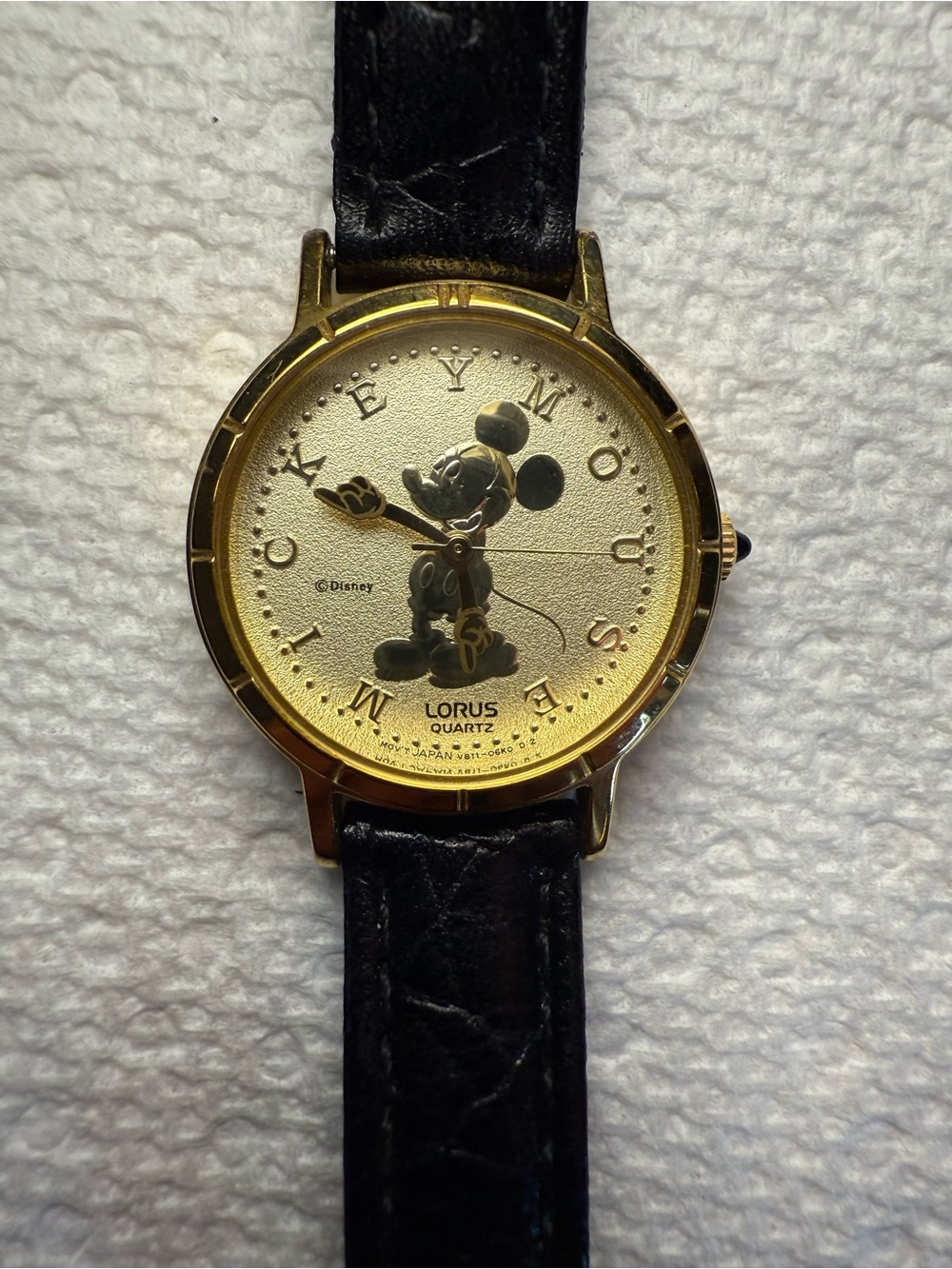 Vintage Disney Lorus Quartz Mickey Mouse Gold Coin Face Watch Faux Leather Band